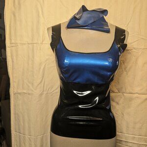 Women's black and blue zip-back latex top with hair band